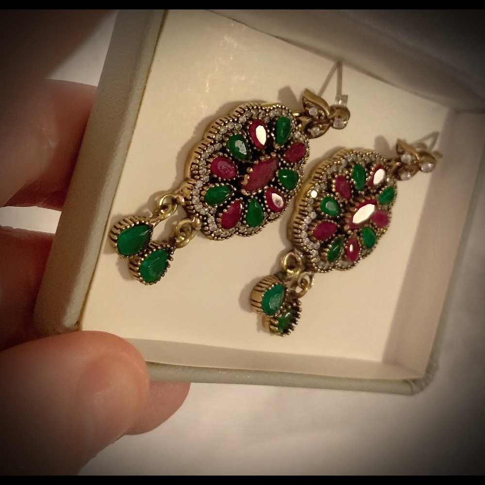 Ruby Emerald Dangle Earrings Solid 925 Silver/Gold - image 3